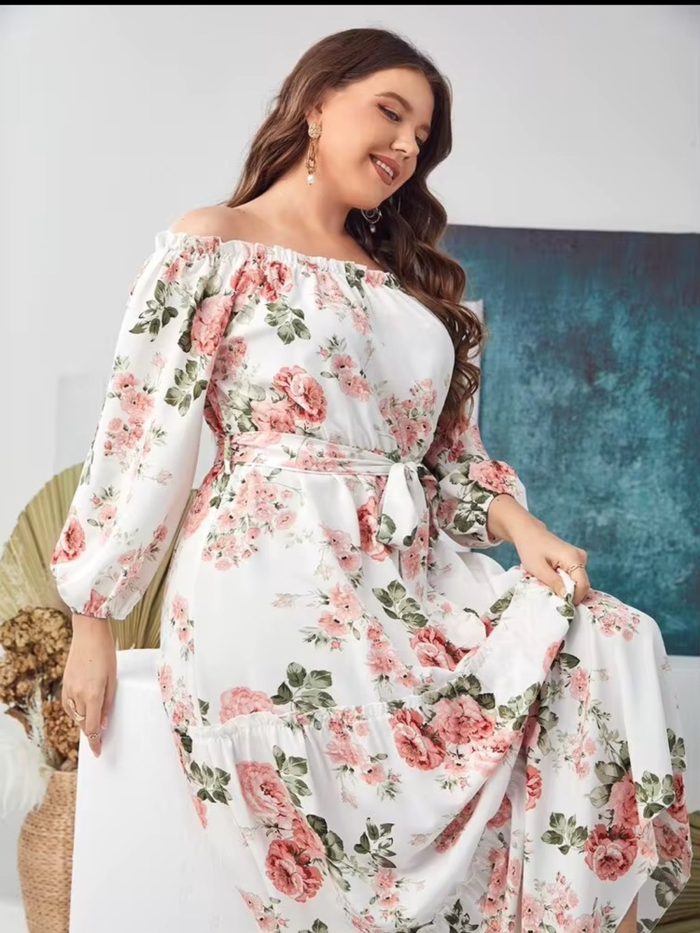 SHEIN White Off-Shoulder Maxi Dress with Pink Floral Print